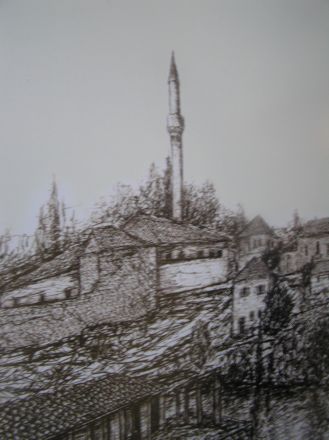 Vägg i en restaurang i närheten av klocktornet.